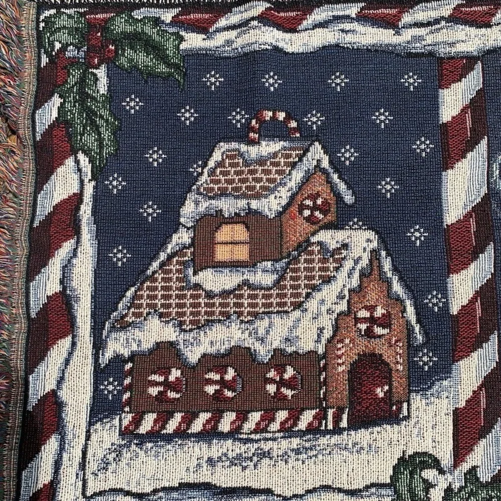 Vintage Christmas Gingerbread Village Peppermint Woven Throw Blanket Tapestry